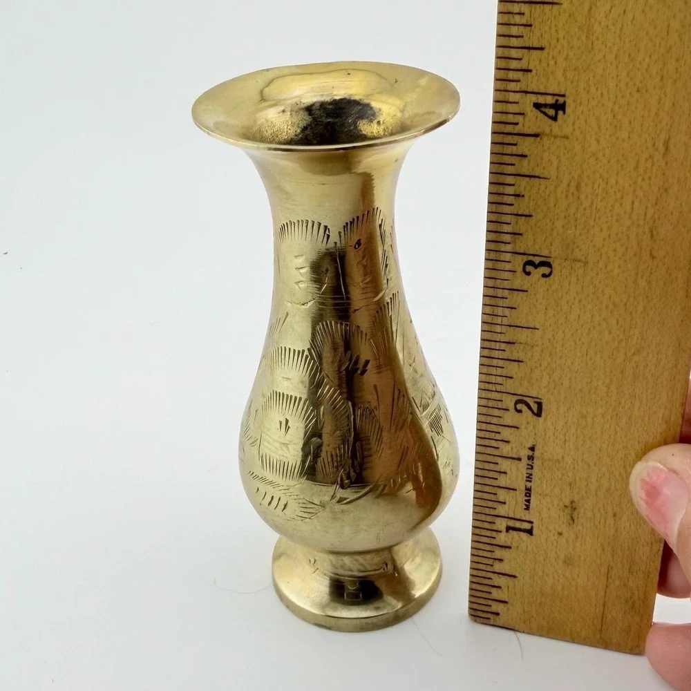 Small Gold Tone Etched Brass Bud Vase Scenic Hand Engraved Decor